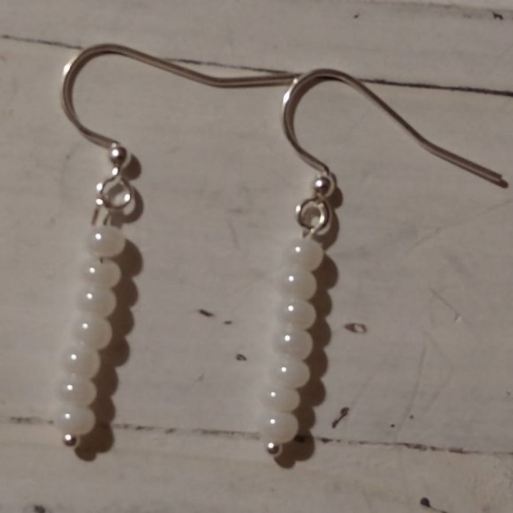 Simple White Beaded Dangle Earrings By London About 1 1/2"